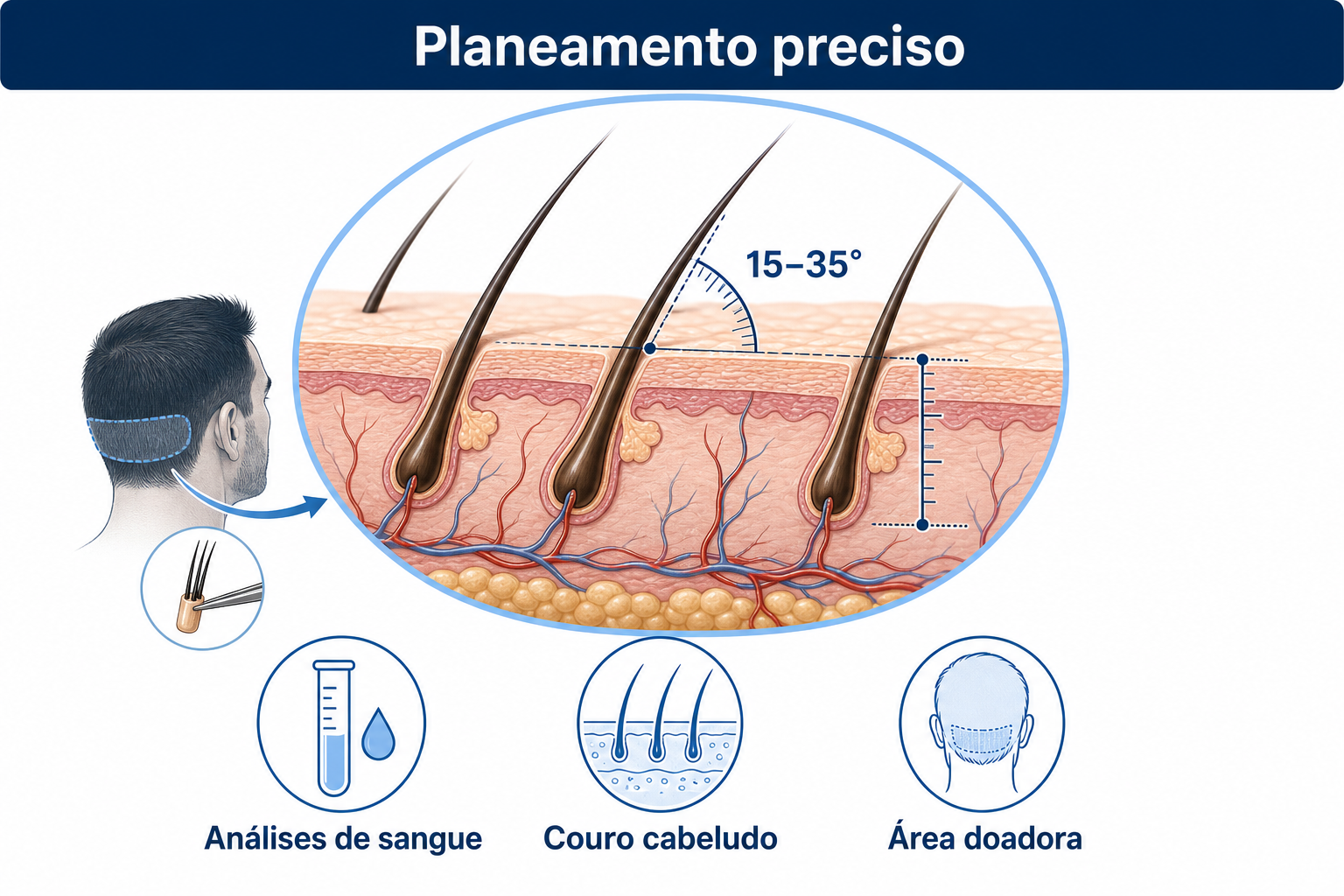 Planeamento preciso de um transplante capilar: ângulo de implantação de 15 a 35 graus, análise do couro cabeludo e da área dadora