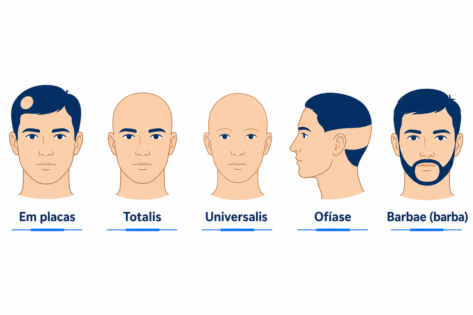 Formas da alopecia areata: em placas, totalis, universalis, ofíase e barbae
