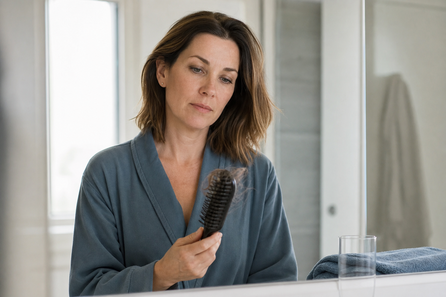 Mulher observa com calma, no quarto de banho, os fios de cabelo soltos na sua escova