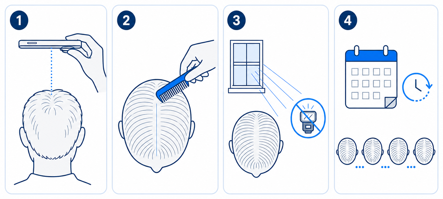 Instruções em quatro passos: câmara na perpendicular acima da cabeça, risca feita com o pente, luz natural em vez de flash, repetição a cada quatro semanas