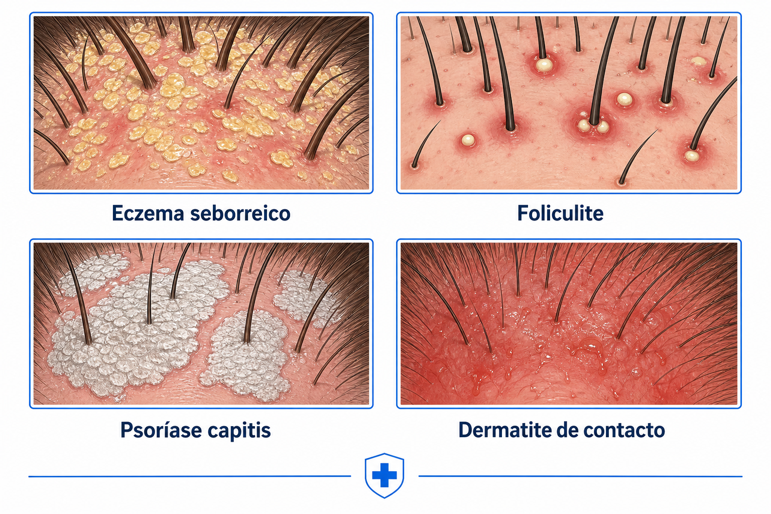 Comparação das quatro formas mais frequentes de inflamação do couro cabeludo: eczema seborreico, foliculite, psoríase capitis e dermatite de contacto