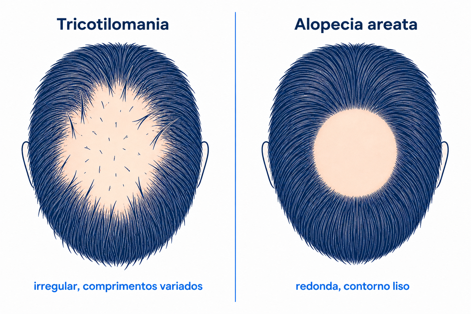 Comparação entre tricotilomania e alopecia areata: zona irregular com comprimentos variados versus zona redonda, lisa e sem cabelo