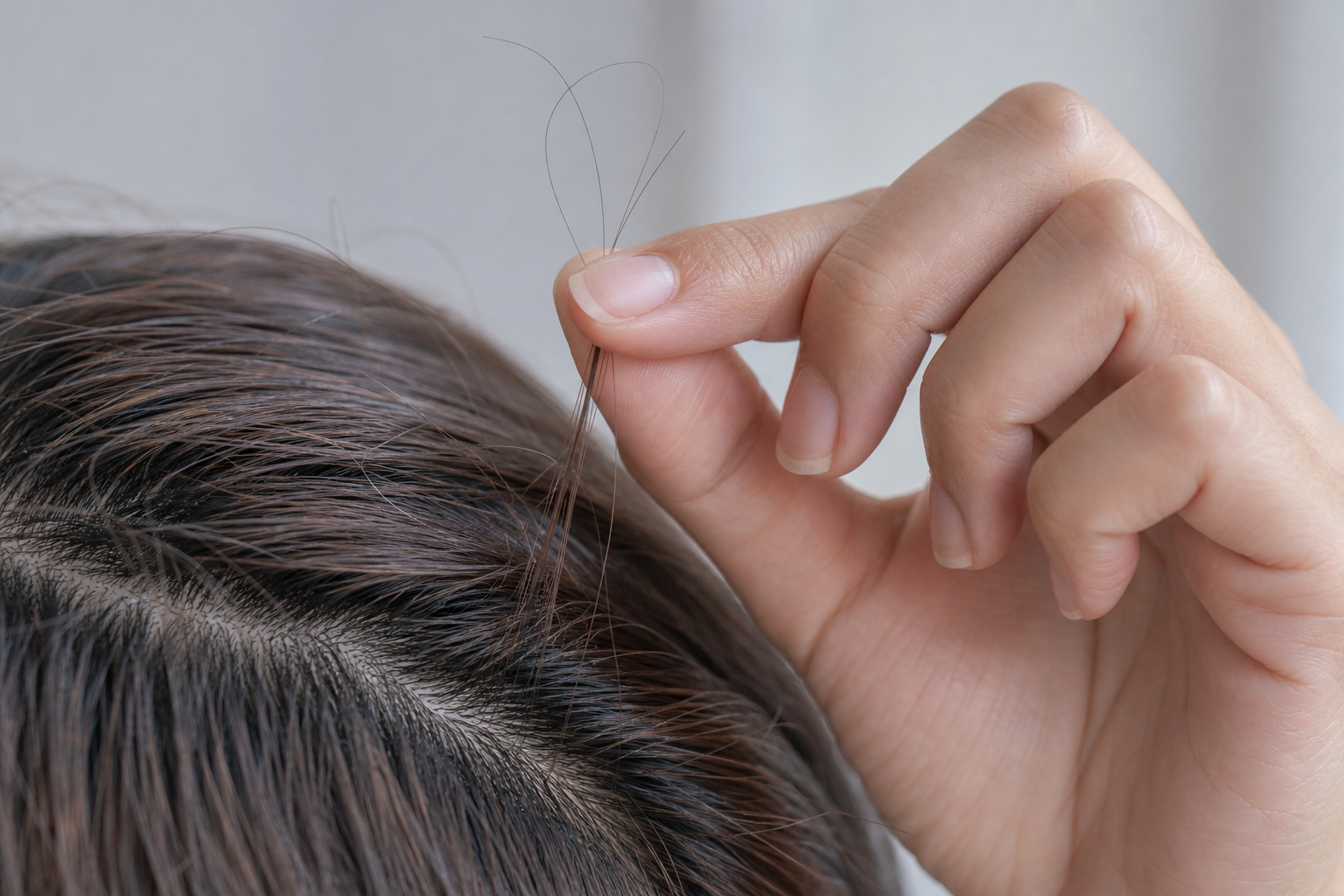 Mão segura uma mecha de cabelo junto ao couro cabeludo e passa-a suavemente entre os dedos, com fios soltos entre as pontas dos dedos
