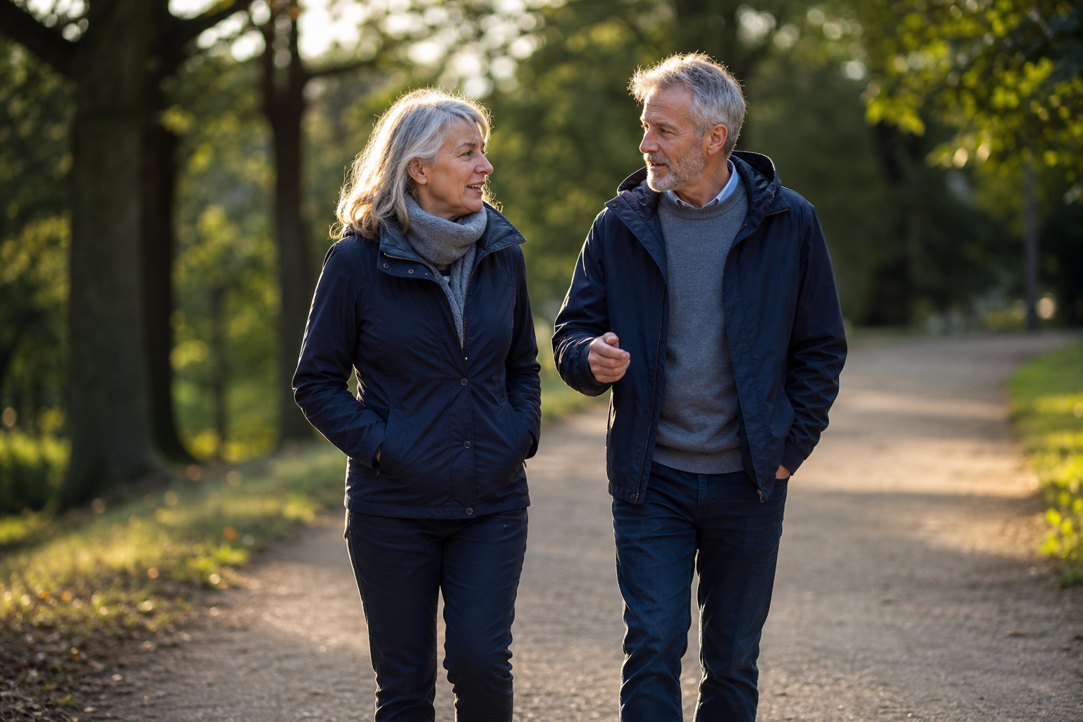 Casal de meia-idade caminha a bom ritmo no parque, como parte da recomendação de exercício na diabetes