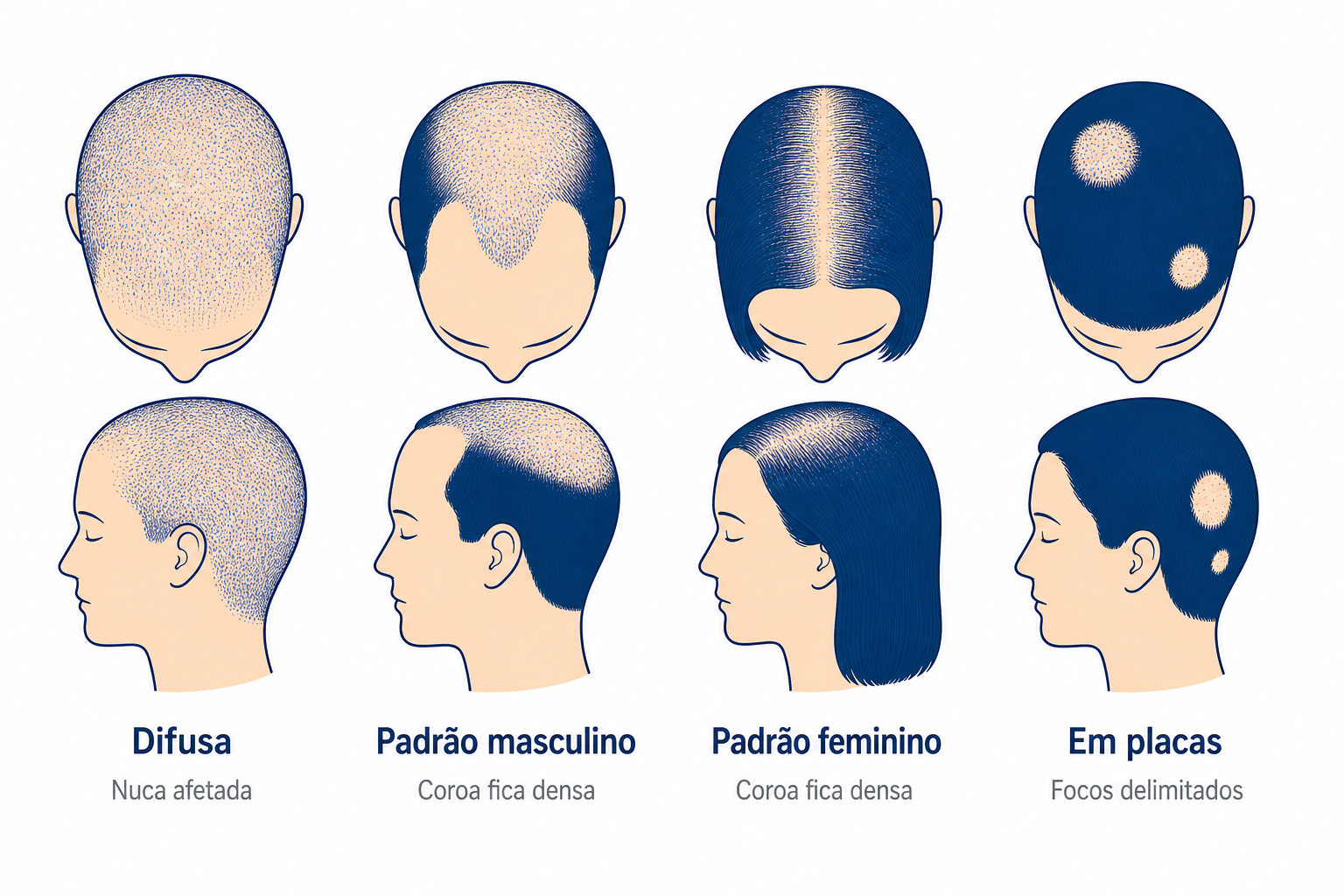 Infografia: queda de cabelo difusa, padrão masculino e feminino e alopecia areata em comparação