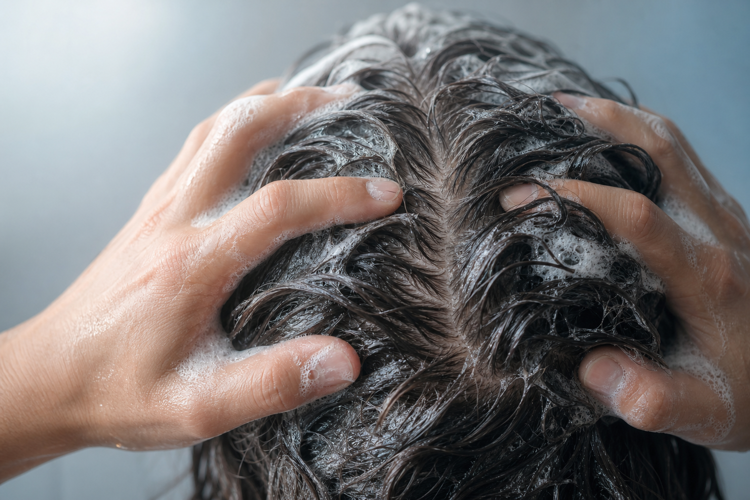 Hände massieren Shampoo-Schaum in nasses Haar, dazwischen ist die Kopfhaut sichtbar