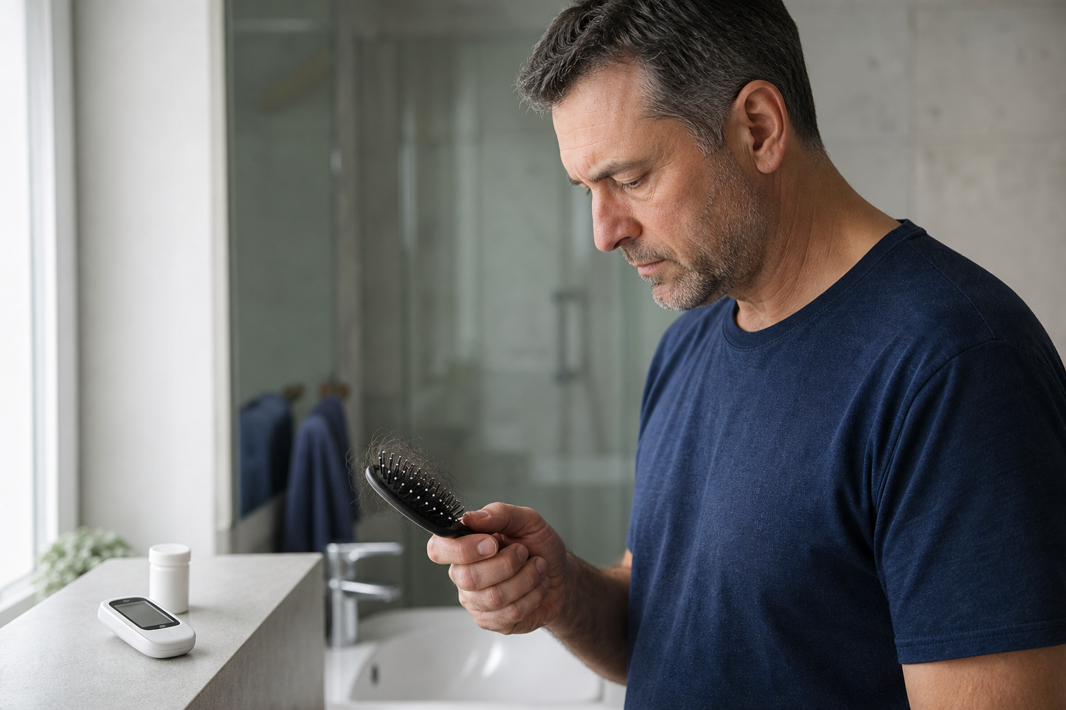 Mann Ende vierzig betrachtet im Badezimmer eine Haarbürste, daneben ein Blutzuckermessgerät