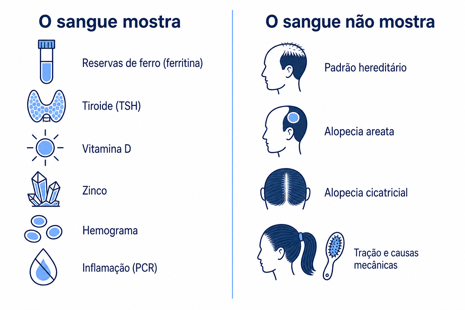 Infografia: o que uma análise ao sangue mostra na queda de cabelo e o que não mostra