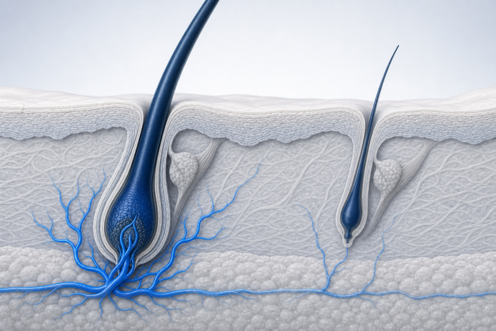 Anatomische Illustration eines kräftigen Anagen-Follikels neben einem ruhenden Telogen-Follikel mit schwächerer Blutversorgung
