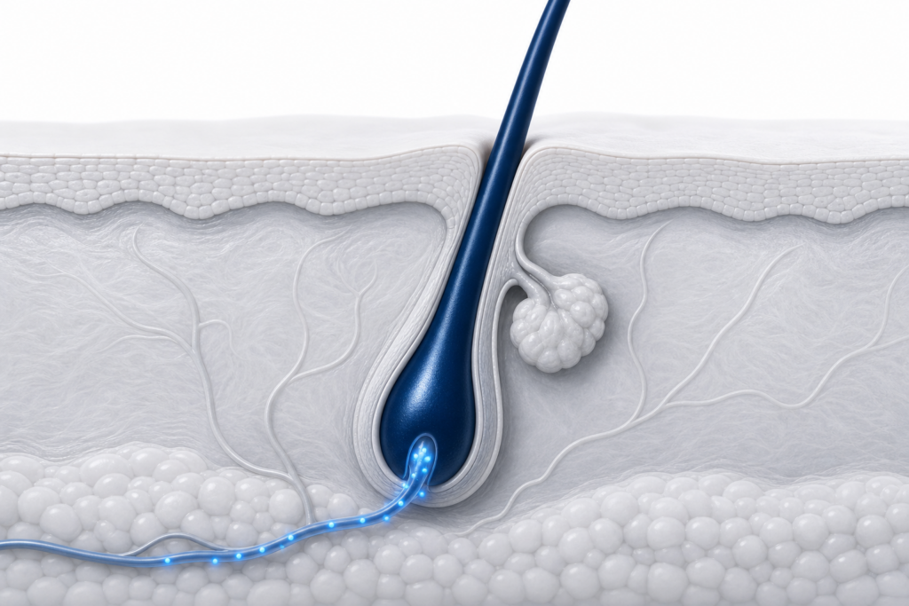 Wissenschaftliche Illustration eines Haarfollikels im Hautquerschnitt, der über ein Blutgefäß mit Nährstoffen versorgt wird