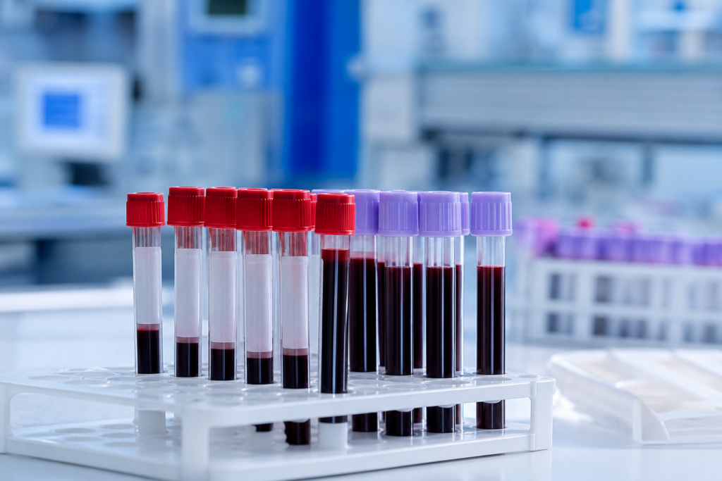 Blutröhrchen im Laborständer als Sinnbild für die Ferritin-Bestimmung im Bluttest