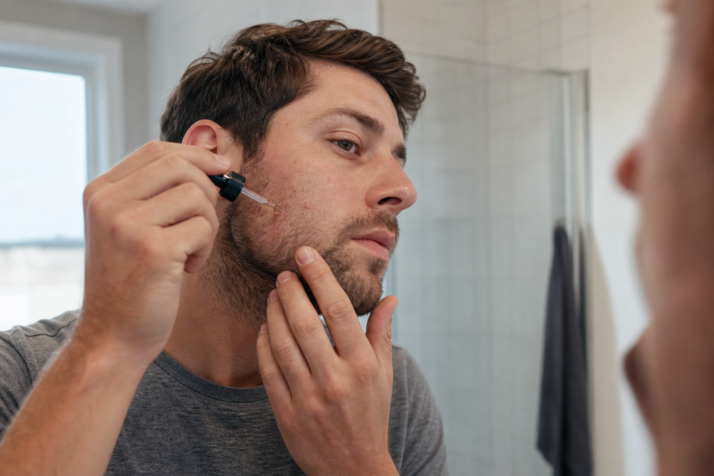Mann trägt Minoxidil-Lösung am Kinn und an der Wange auf, um den Bartwuchs anzuregen