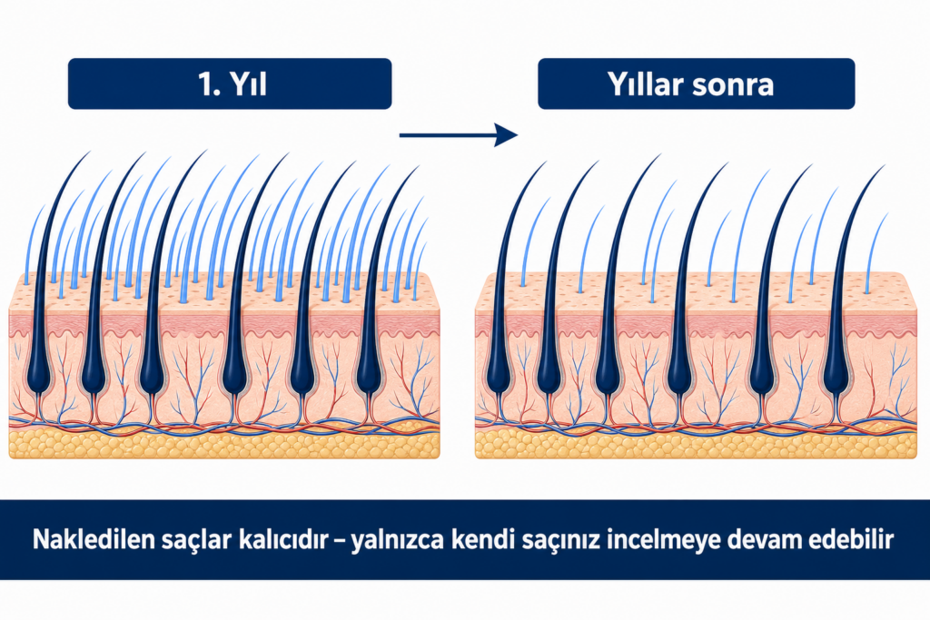 Ekilen saçlar kalıcıdır; yıllar içinde yalnızca aradaki kendi saçınız incelmeye devam edebilir