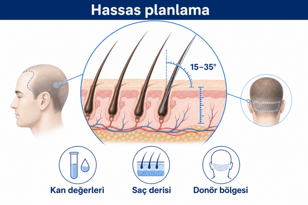 Saç ekiminin hassas planlanması: 15 ila 35 derece implantasyon açısı, saçlı deri ve donör bölge analizi