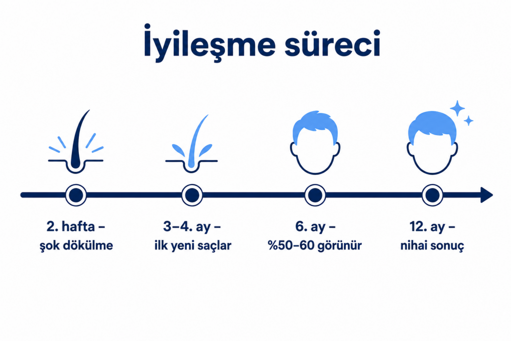 Saç ekimi sonrası iyileşme süreci: şok dökülmeden on iki ay sonraki nihai sonuca kadar