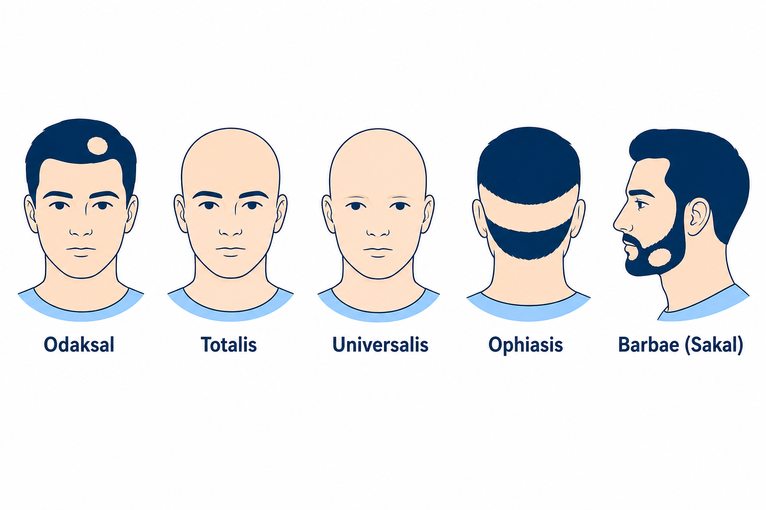 Saçkıran formları: odaksal, totalis, universalis, Ophiasis ve Barbae