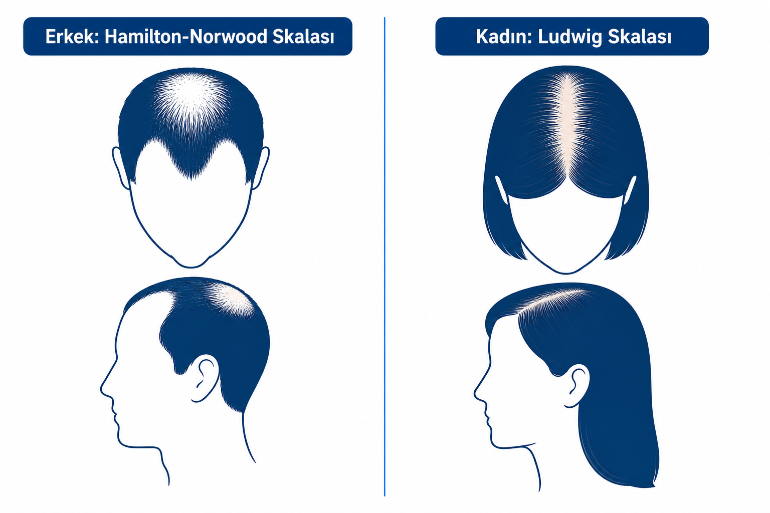 Androgenetik saç dökülmesi paternlerinin erkekte (Hamilton-Norwood skalası) ve kadında (Ludwig skalası) yan yana karşılaştırması