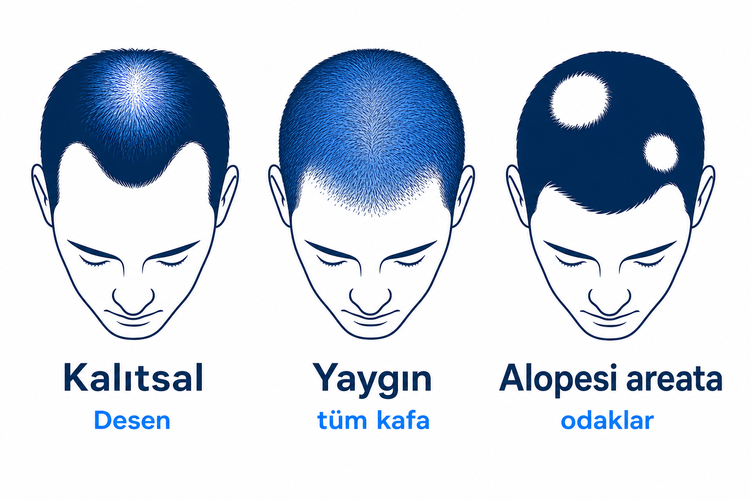 Kalıtsal, yaygın ve alopesi areata olmak üzere üç saç dökülmesi tipinin infografiği