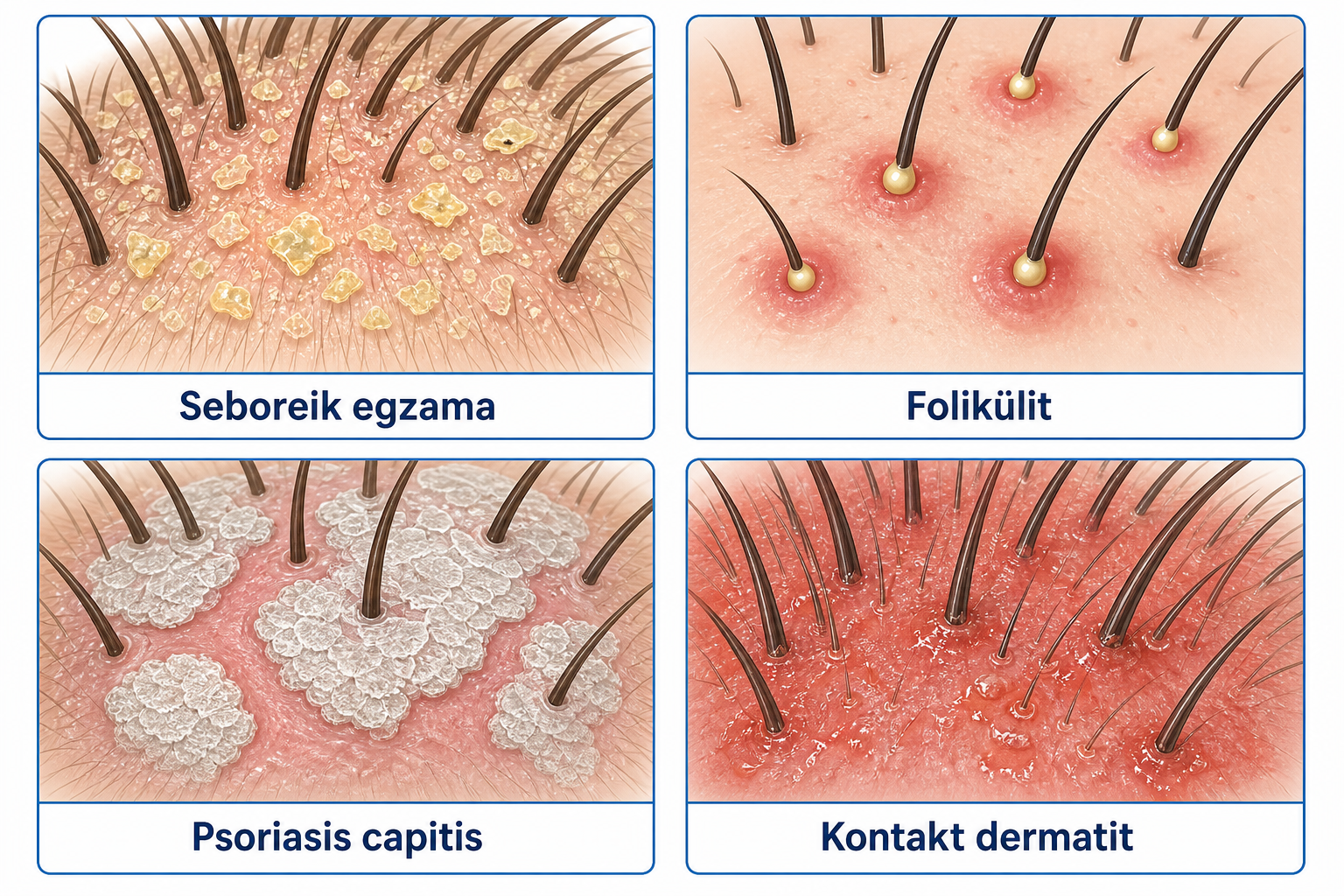 Saçlı deri iltihabının en sık görülen dört formunun karşılaştırması: seboreik egzama, folikülit, Psoriasis capitis ve kontakt dermatit