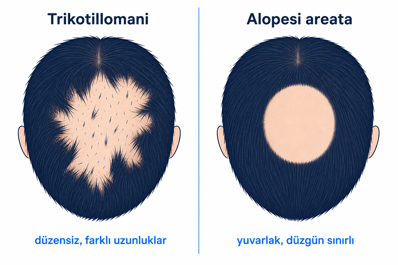 Trikotillomani ile alopesi areata karşılaştırması: farklı saç uzunluklarına sahip düzensiz bölge ile yuvarlak, pürüzsüz kel bölge