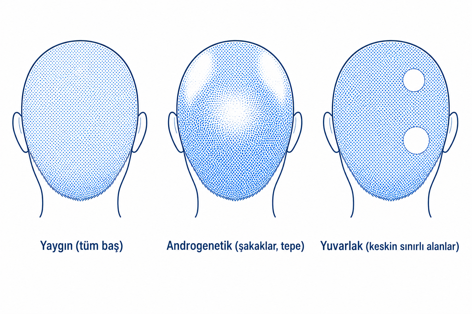 Üç dökülme paterninin karşılaştırması: baş silüetleriyle yaygın, androgenetik ve yuvarlak tip