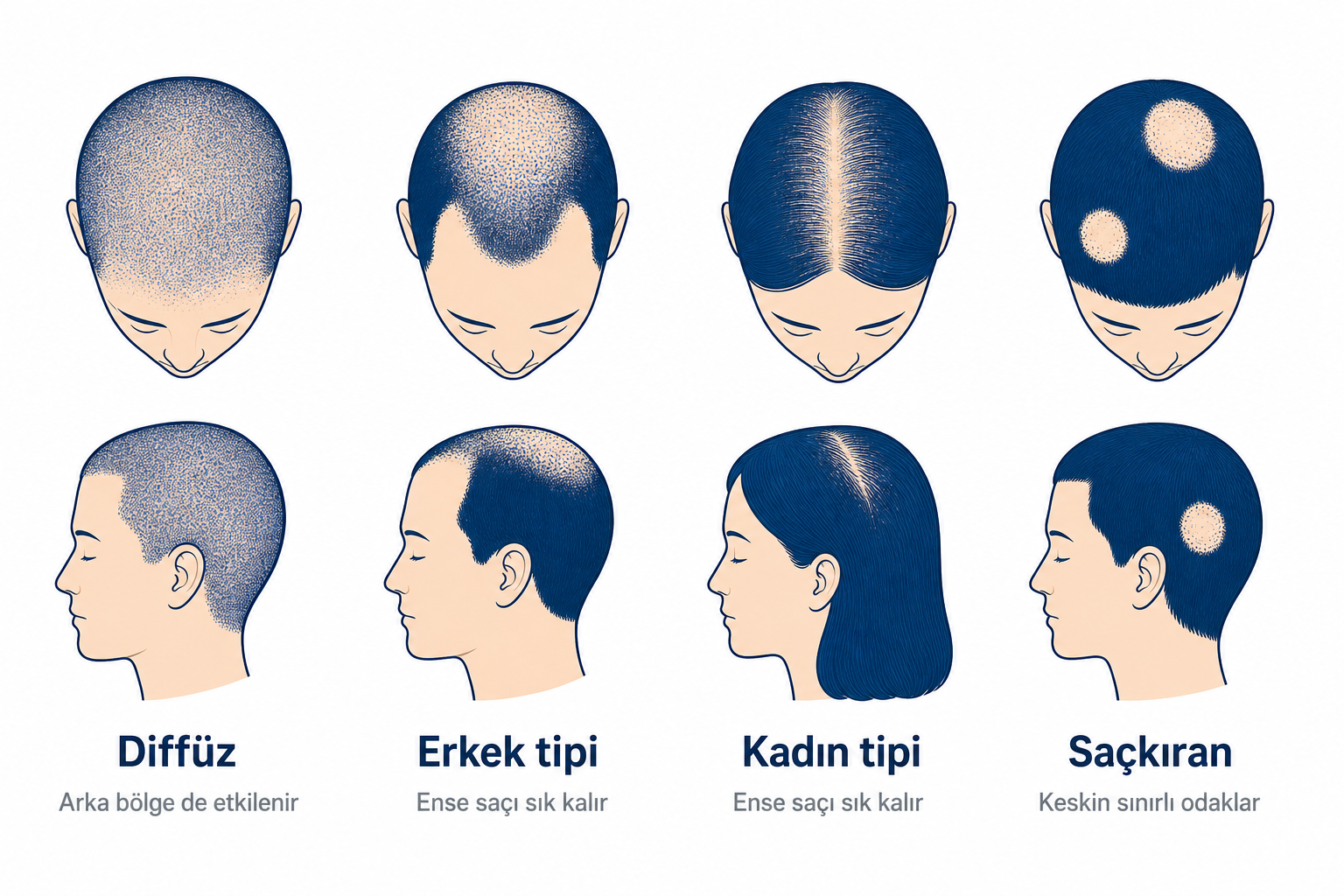 İnfografik: diffüz saç dökülmesi, erkek ve kadın tipi patern ile saçkıranın karşılaştırması
