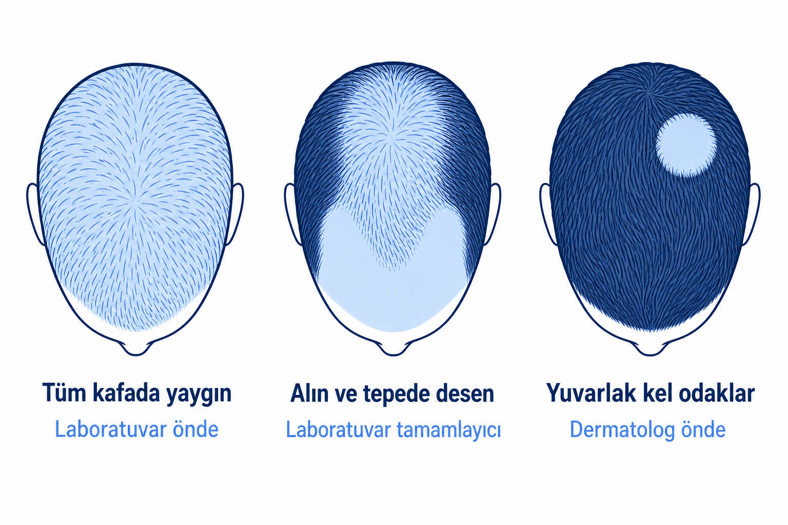 Üstten görünümle üç saç dökülmesi deseni: yaygın, alın ve tepe bölgesinde desen, yuvarlak kel odaklar