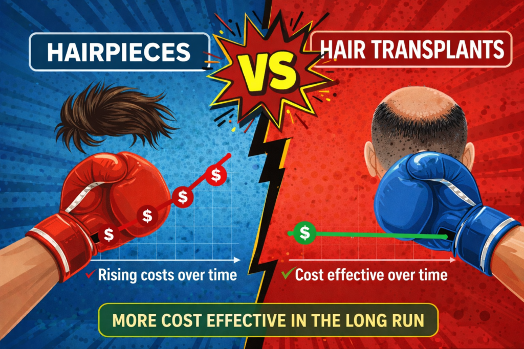 A splitscreen in blue and red with the title “Hairpieces vs. Hair Transplants” It depicts illustrations of two boxing gloves, a hairpiece, and a man’s head undergoing a hair transplant. Beneath the hairpiece the text reads “Rising costs over time” with a graph depicting the rising cost, and under the hair transplant the text reads “Cost effective over time” with a graph showing how no further costs are required. The caption at the bottom reads “More cost effective in the long run”.
