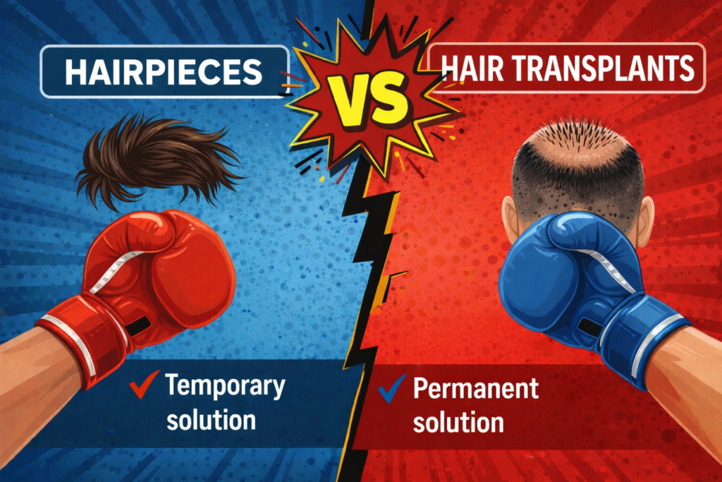 A splitscreen in blue and red with the title “Hairpieces vs. Hair Transplants” It depicts illustrations of two boxing gloves, a hairpiece, and a man’s head undergoing a hair transplant. Beneath the hairpiece the text reads “Temporary solution” and under the hair transplant the text reads “Permanent solution”
