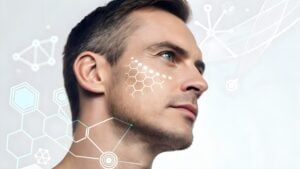 A man surrounded by molecular structures.