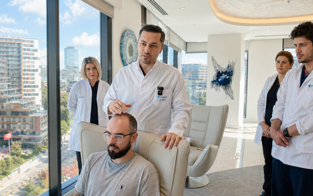 Dr. Balwi examining a patient during consultation to assess hair loss and determine suitable treatment options