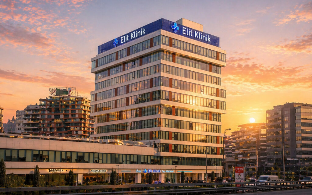 Exterior view of Elit Clinic in Istanbul at sunset with warm lighting highlighting the building facade