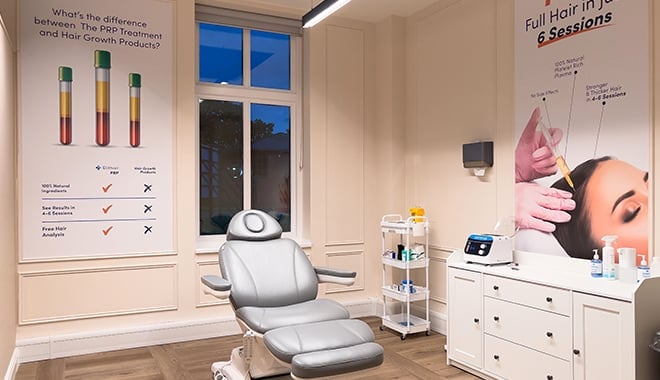 Treatment room at the Elithair PRP location in Manchester
