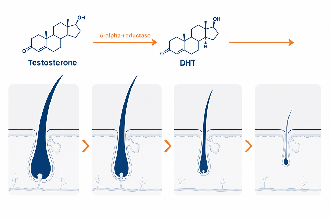 Diagram of how DHT binds to androgen receptors in genetically sensitive hair follicles and causes miniaturisation.