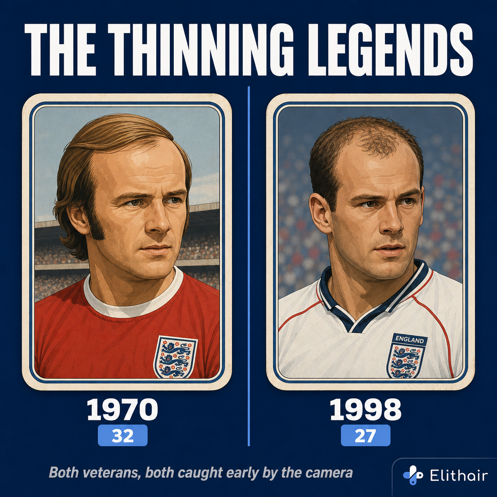 Two-portrait montage of England's thinning veterans: a 1970s comb-over over a high forehead on the left, and short, thinning-on-top hair from the late 1990s on the right, with small age labels