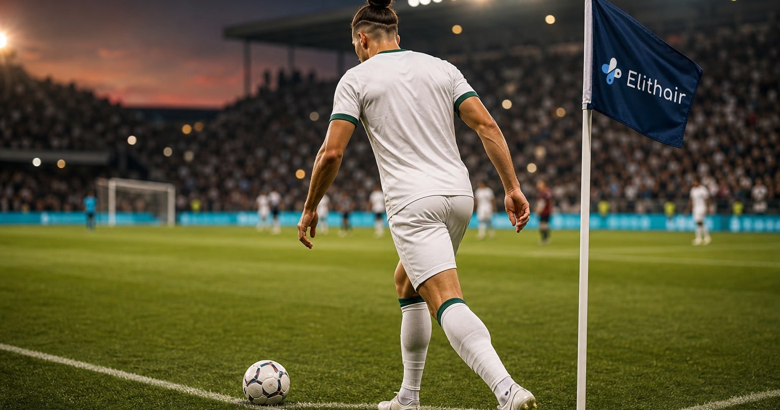 Corner-kick specialist with a man bun placing the ball next to the Elithair corner flag