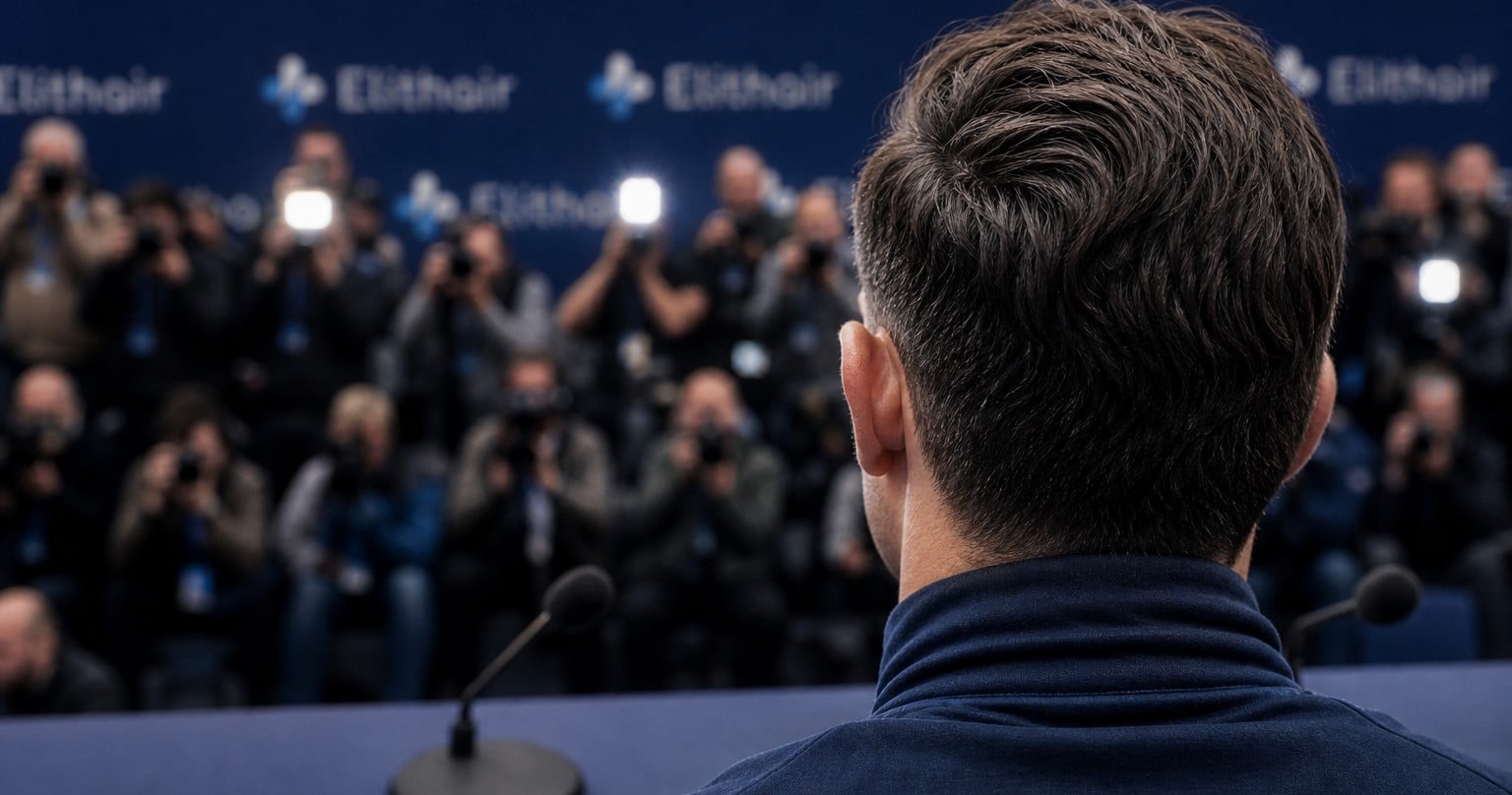 Footballer from behind at a press conference in front of an Elithair sponsor wall