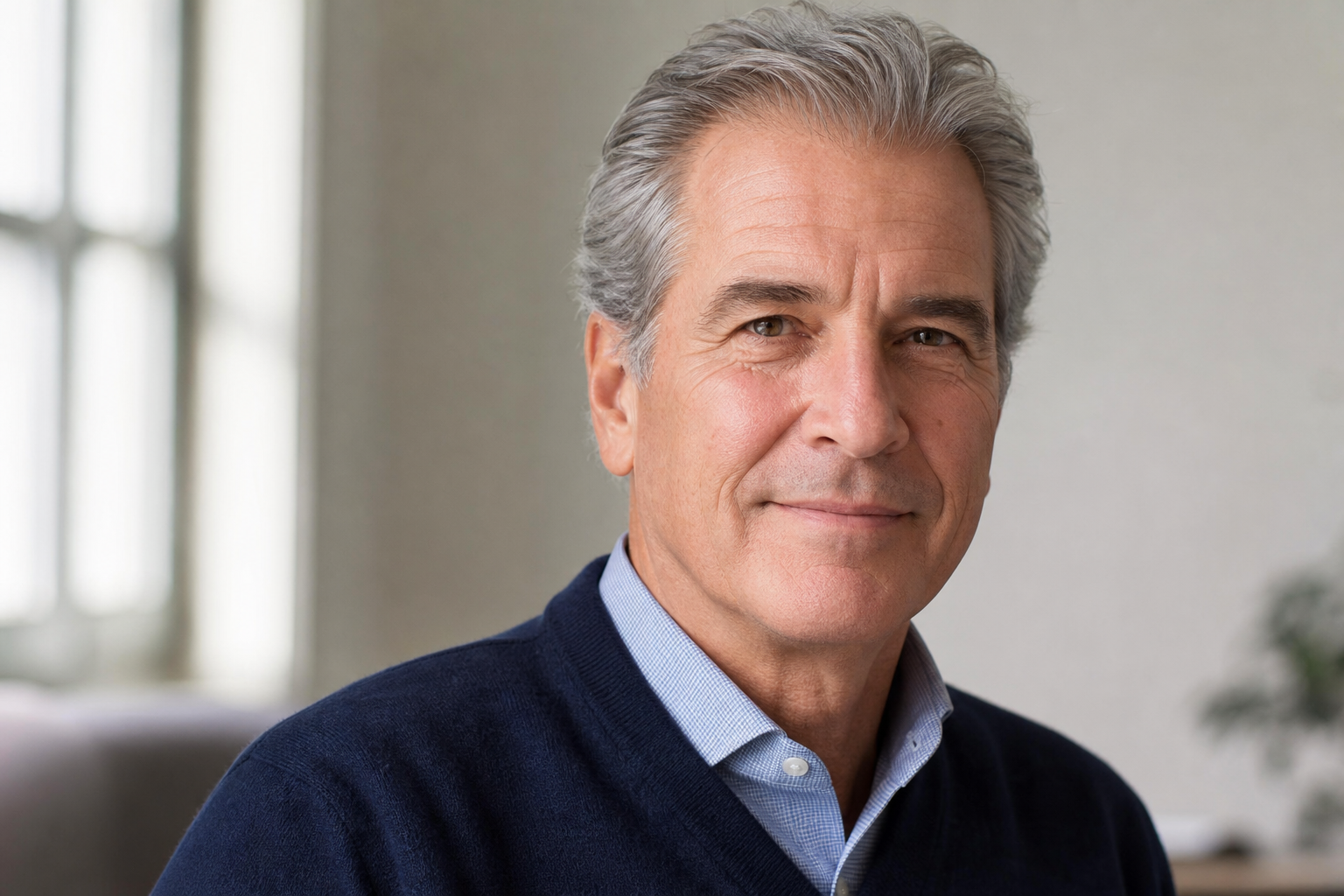 Confident older man with full, natural hair