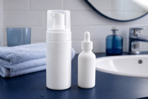 Unbeschriftete Minoxidil-Schaumdose und Pipettenflasche auf dunkelblauer Ablage