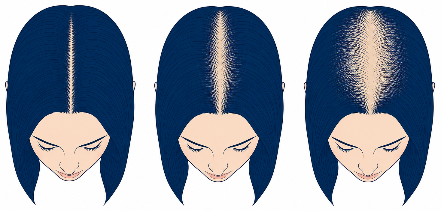 Ludwig scale for women: three grades with a progressively wider parting and the front hairline preserved