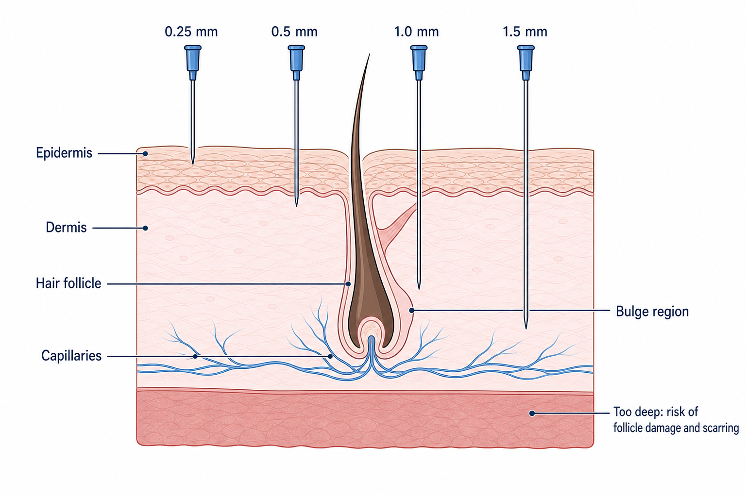 Cross-section of the scalp showing needle lengths from 0.25 to 1.5 mm and the risk zone for follicle damage