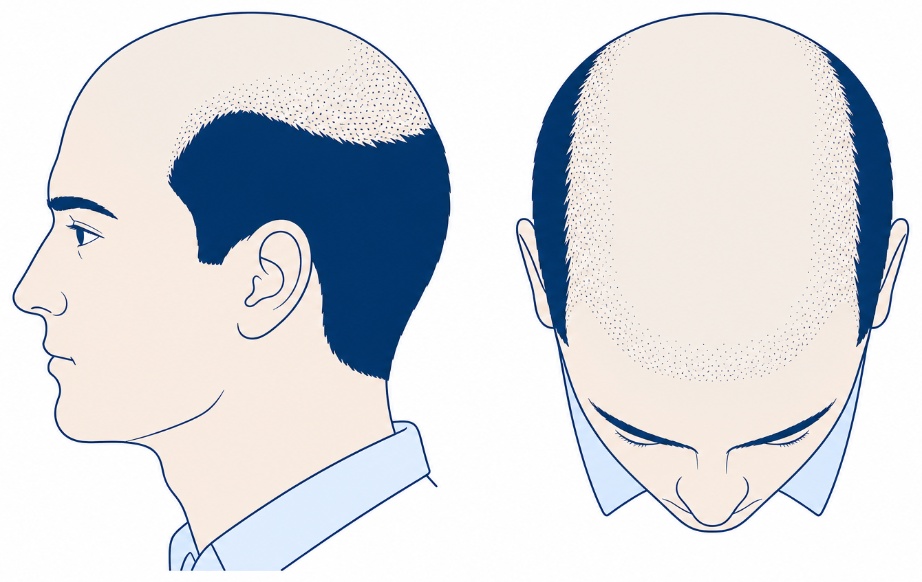 Norwood 6 in profile and from above: frontal zone and crown joined into one bald area