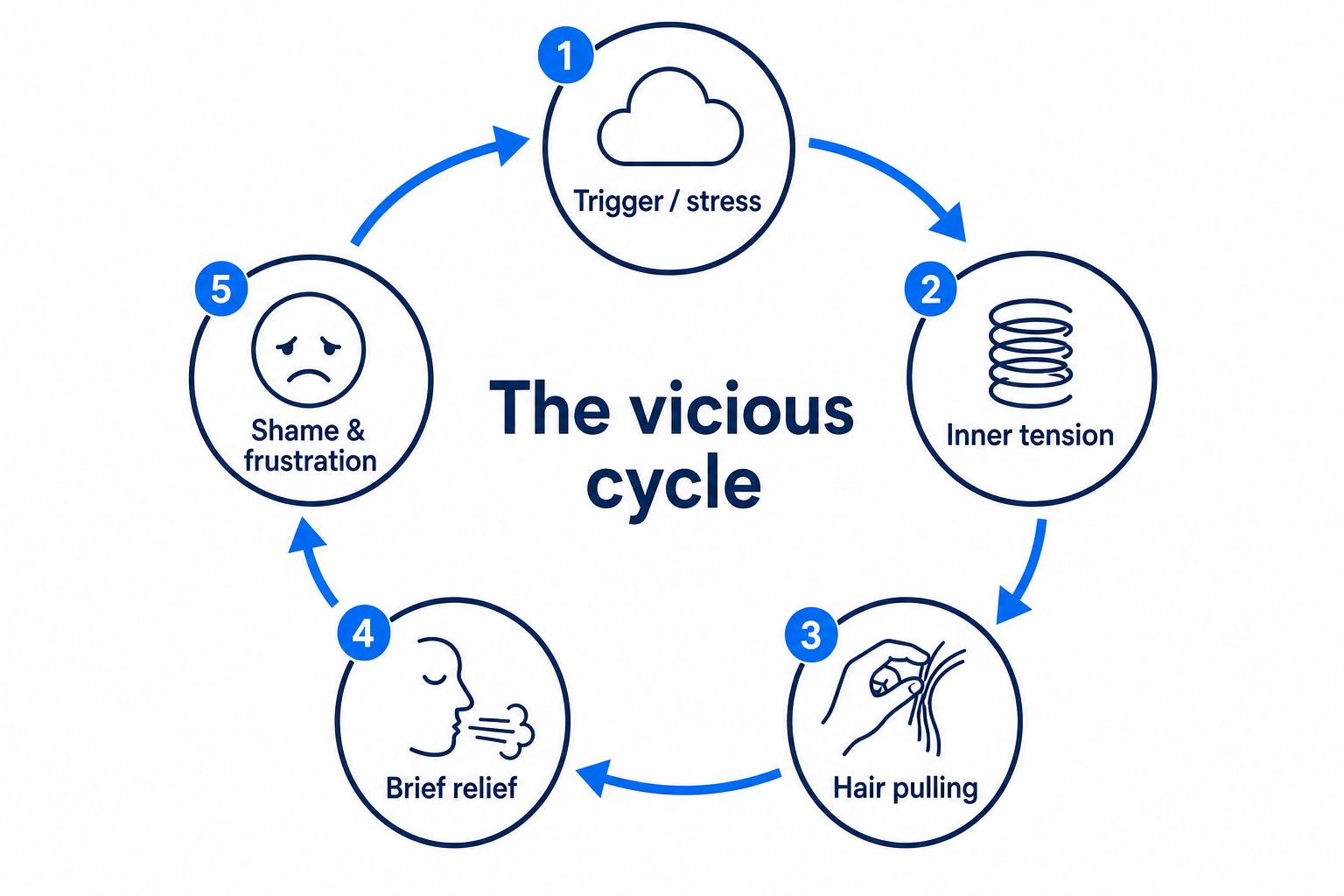 Cycle graphic of the vicious cycle of trichotillomania: trigger, tension, pulling, relief, shame