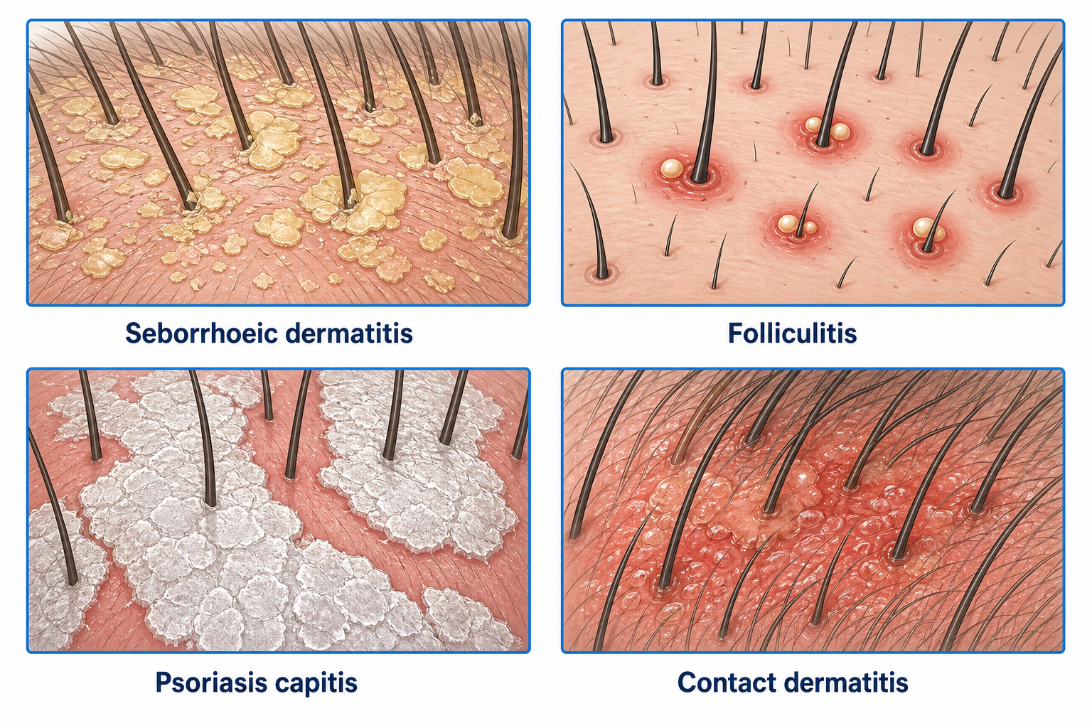 Comparison of the four most common forms of scalp inflammation: seborrhoeic dermatitis, folliculitis, psoriasis capitis and contact dermatitis