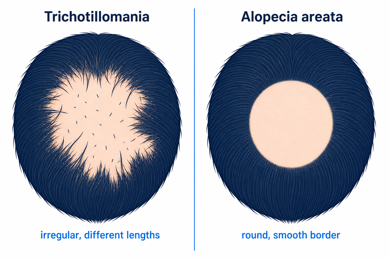 Comparison of trichotillomania and alopecia areata: irregular patch with hairs of different lengths versus a round smooth bald patch