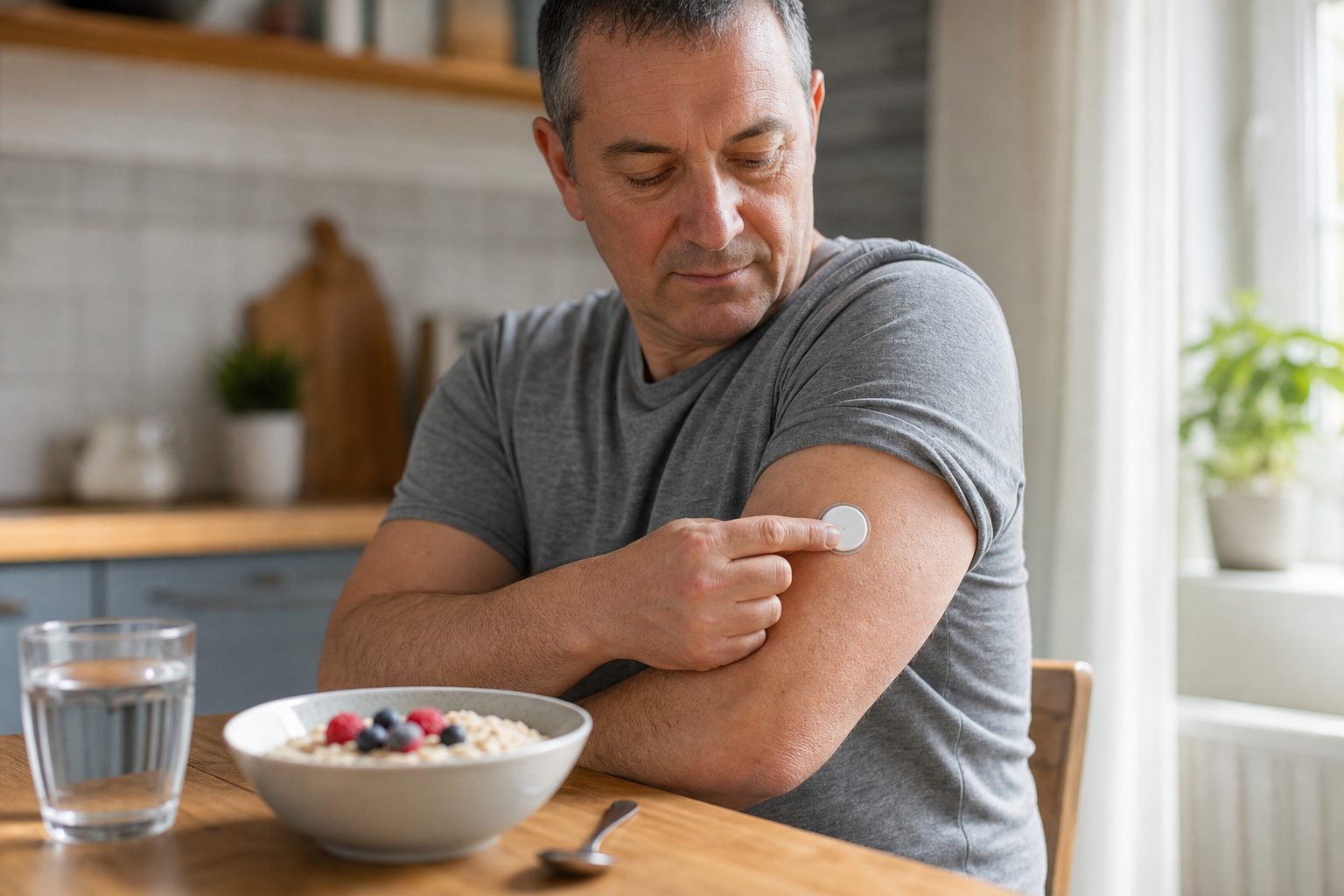 Man checking the glucose sensor on his upper arm at the breakfast table