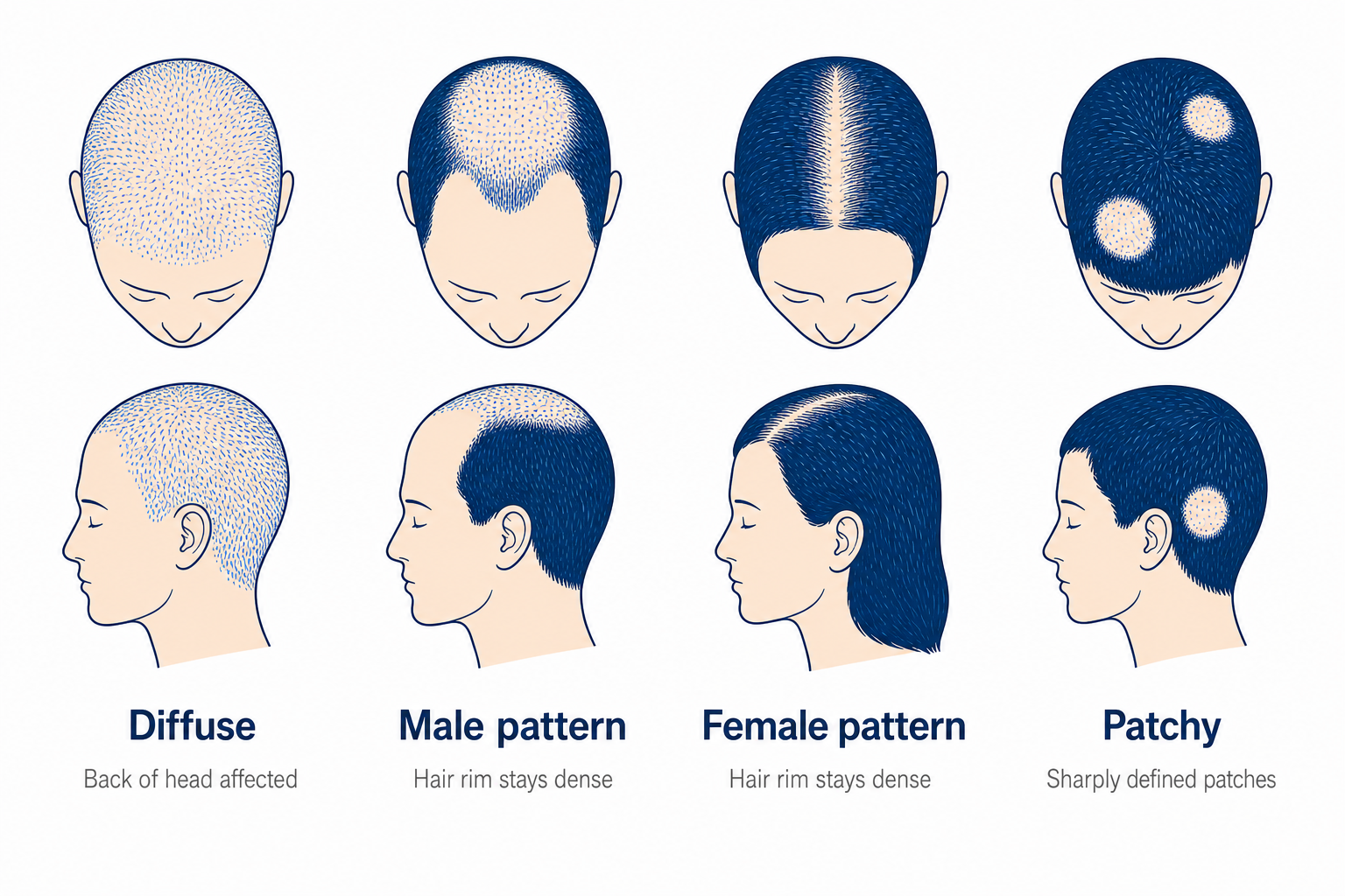 Infographic: diffuse hair loss, male and female pattern hair loss and alopecia areata compared