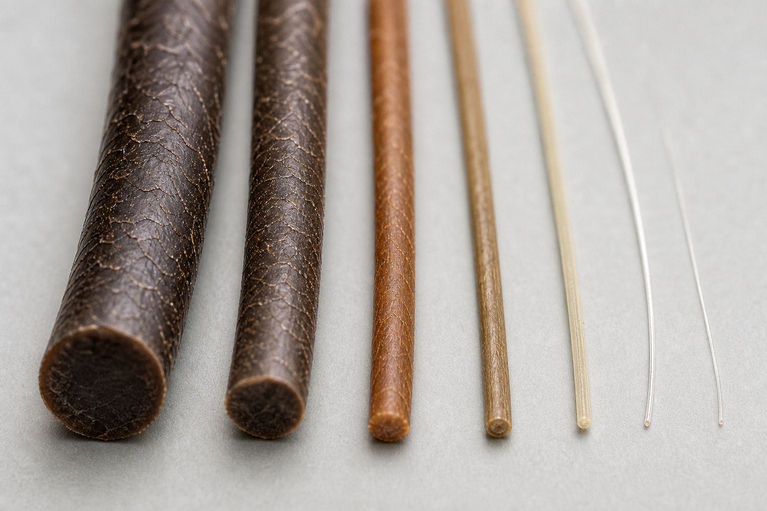 Macro photograph of several hairs with clearly different diameters, from strong and dark to very fine and pale