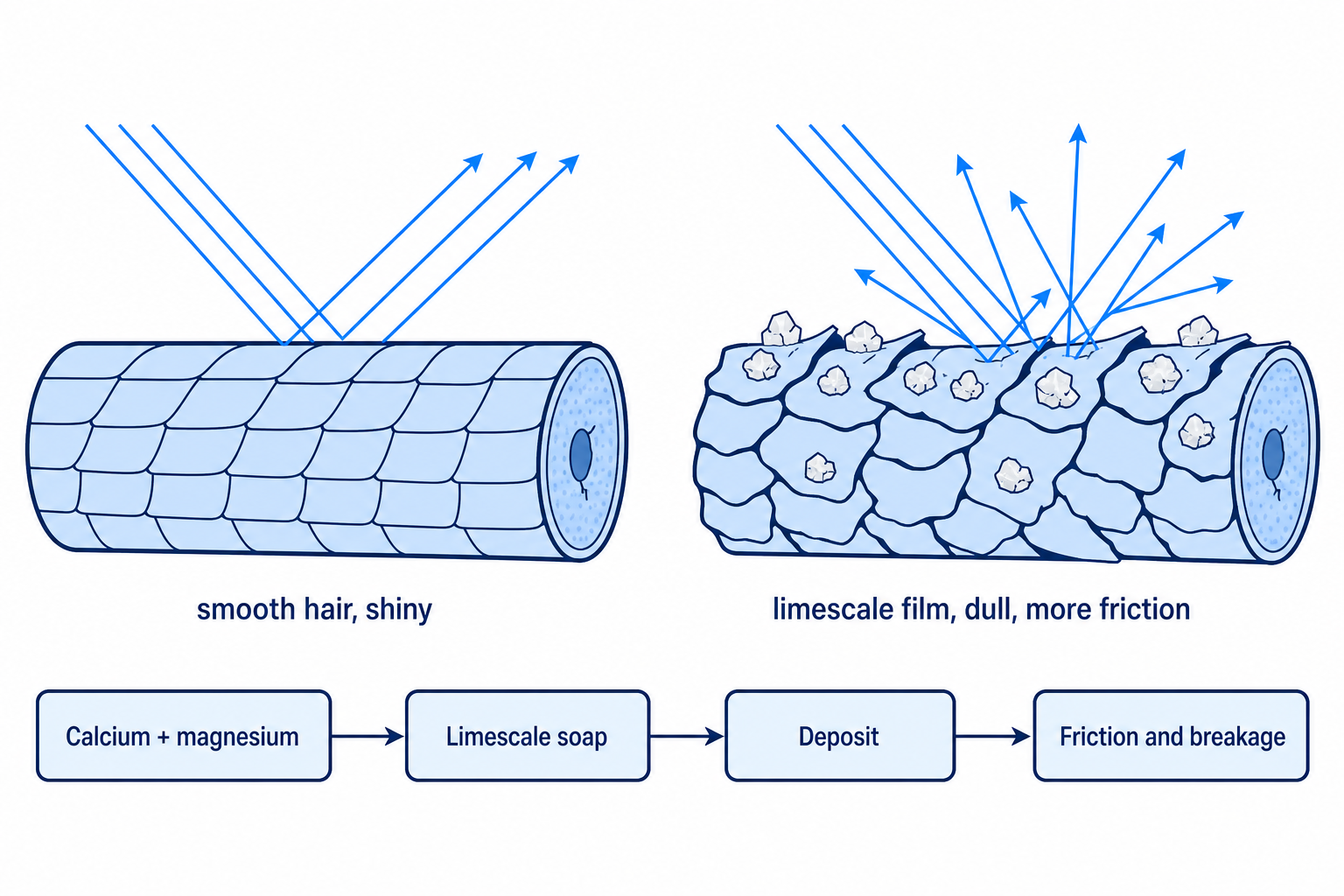 Illustration: hair shaft with a smooth cuticle compared with a hair shaft coated in limescale from hard water