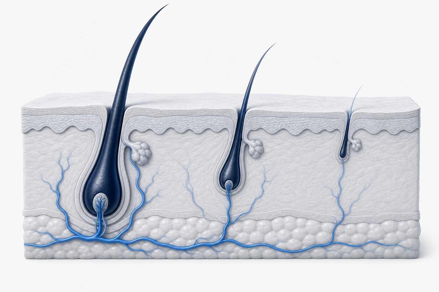 Illustration of a cross-section of skin with three hair follicles producing progressively finer hairs, from strong to miniaturised